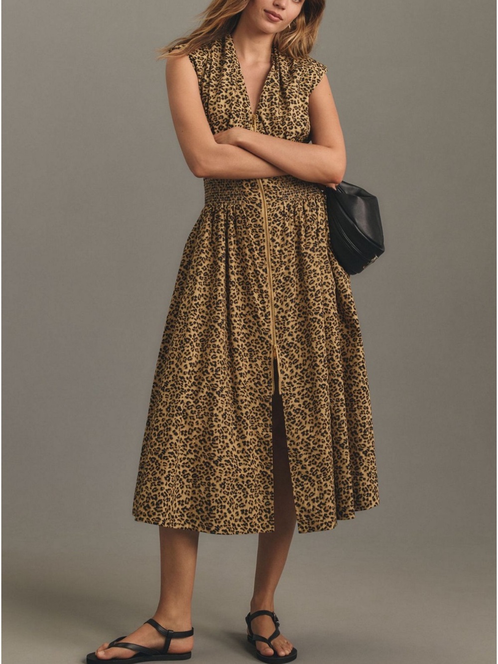 Anthropologie Tommie Cap Sleeve Leopard-Print Zip Midi Dress - Tan/Black